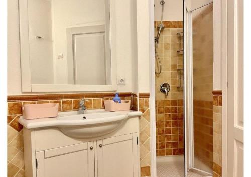 a bathroom with a sink and a shower at Le Residenze sul mare B6 in Porto Ottiolu
