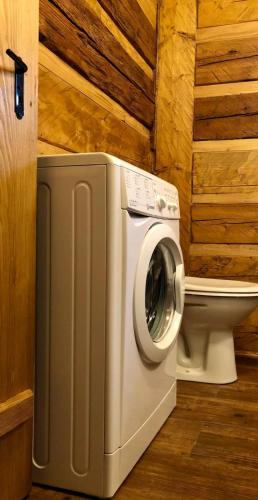 a washing machine in a bathroom next to a toilet at Chalupy Pod Šenkem - Výminek in Vsetín