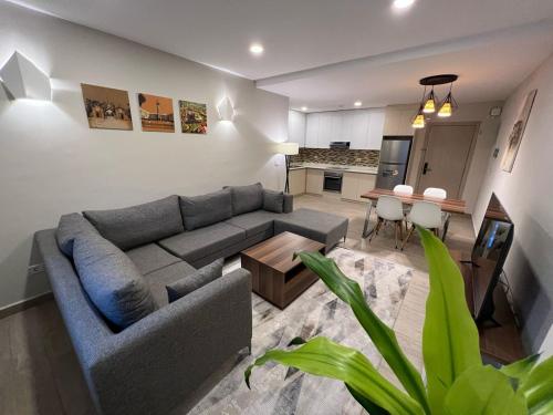 a living room with a couch and a table and a kitchen at Addis Ville Hotel Apartment in Addis Ababa