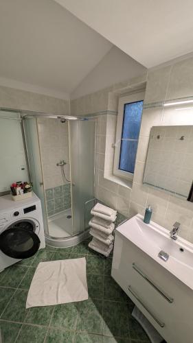 a bathroom with a shower and a sink and a washing machine at Chata Filoména in Herálec