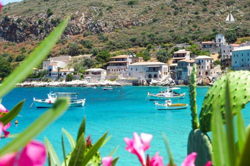 a group of boats in a body of water with buildings at Pirgos Mavromichali in Limeni