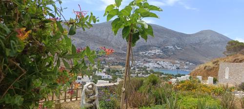 a cemetery with a view of a town and a mountain at Aliori art caves in Aegiali