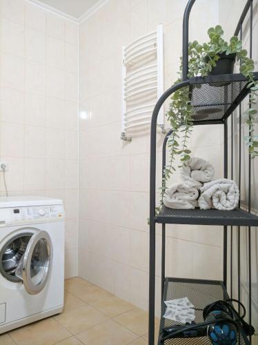 a laundry room with a washing machine and a shelf at Best One Room Apartments in Mukacheve