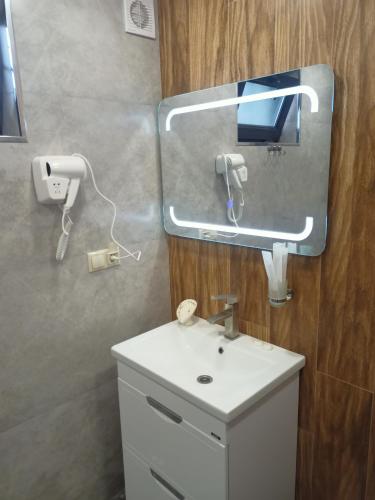 a bathroom with a white sink and a mirror at ENEA Boutique Apartment in Goris