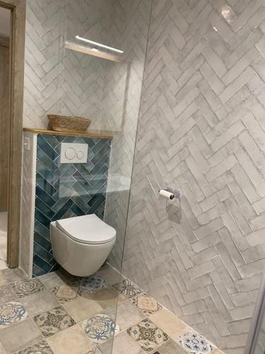 une salle de bain avec toilettes et douche en verre dans l'établissement Maison de vacances toute équipée à 5mn du Pont-du-Gard au Cœur de Sernhac, à Sernhac