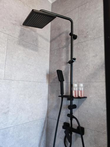 a shower in a bathroom with a black stand up shower at Little Tiny Village Haus 2 in Fußach