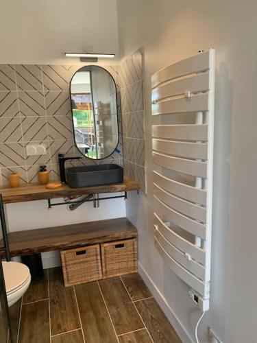 La salle de bains est pourvue d'un miroir, d'un lavabo et de toilettes. dans l'établissement Les deux oliviers, à Saint-Romans