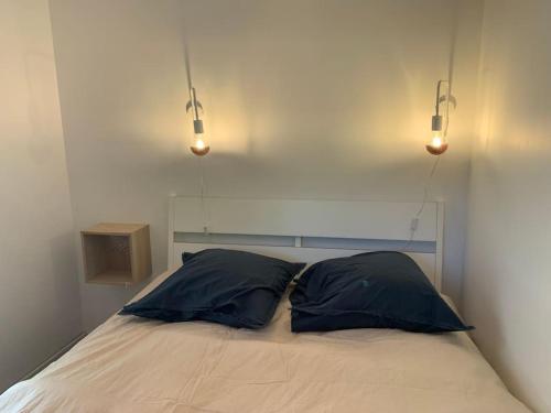 - deux oreillers installés au-dessus d'un lit avec deux lumières dans l'établissement Les deux oliviers, à Saint-Romans