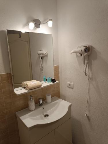 a bathroom with a sink and a mirror at Pensiunea Rozelor Stațiunea Climaterică Sâmbăta in Sâmbăta de Sus