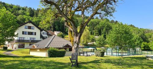 a house in the middle of a yard with a tree at Coquet studio en pleine nature in Lugrin