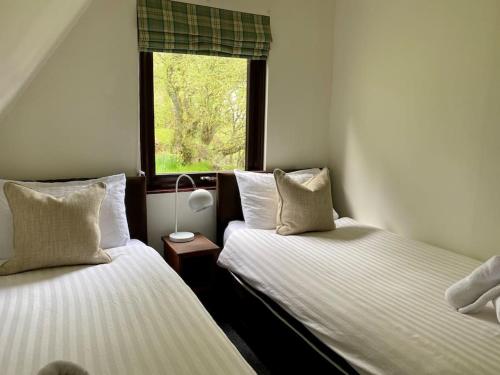 two beds in a room with a window at Glen Lodges Rogart in Rogart