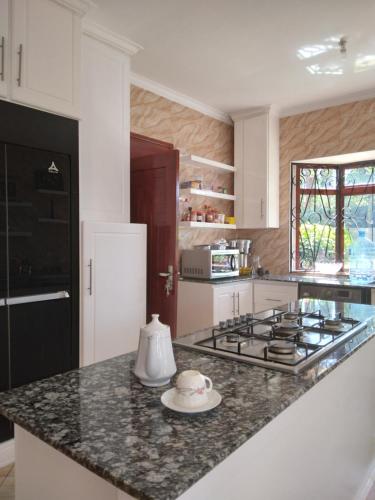 a kitchen with a stove and a plate on a counter at Sprunger Avenue - tulia homes in Moshi
