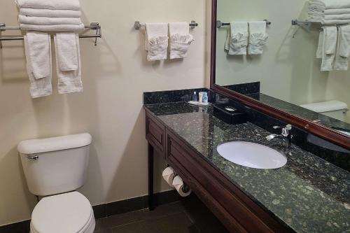 a bathroom with a toilet and a sink and a mirror at Comfort Suites Madison West - Middleton in Madison