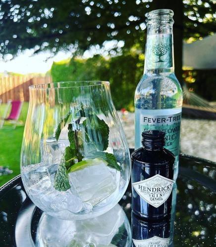 a glass vase with ice and a bottle of water at Hotel der Lennhof in Dortmund
