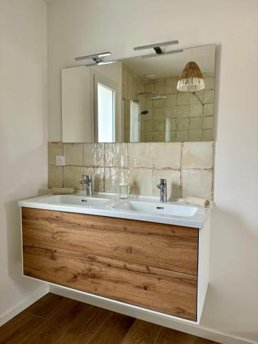 une salle de bain avec un lavabo et un miroir dans l'établissement Charmant ensemble de 2 villas, à Léon