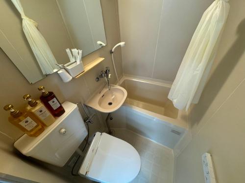 a small bathroom with a toilet and a mirror at プレストスクエア松島町 in Takamatsu