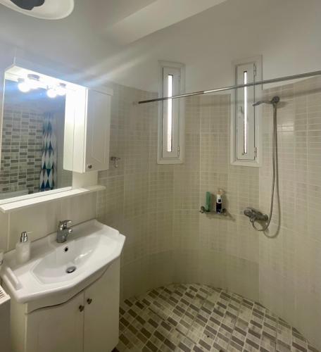 a bathroom with a sink and a shower at Seaview Apartment Agiokampos in Agiokampos