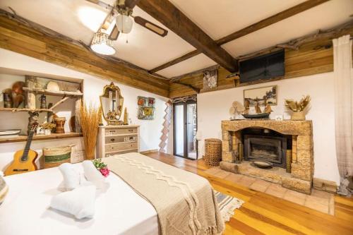 un salon avec une cheminée et un lit dans l'établissement Plage de Furnellu location pieds dans l'eau, à Monacia-dʼAullène