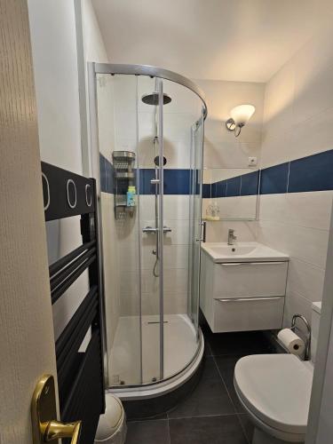une salle de bain avec une douche, des toilettes et un lavabo dans l'établissement Résidence du Golf, Deauville, à Deauville