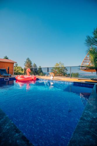 a swimming pool with a red float in the water at Ginza Bungalov Sapanca in Sapanca