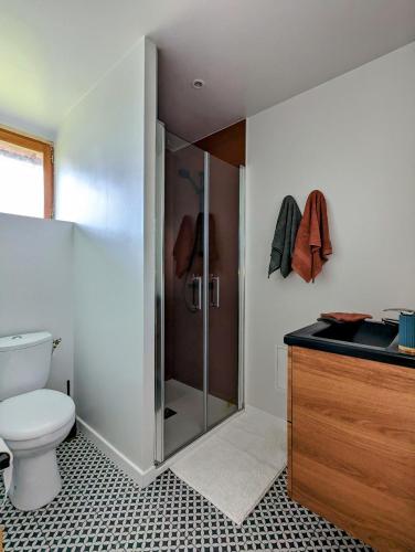une salle de bain avec une douche avec des toilettes et un lavabo dans l'établissement Joli studio à la campagne, à Lassay