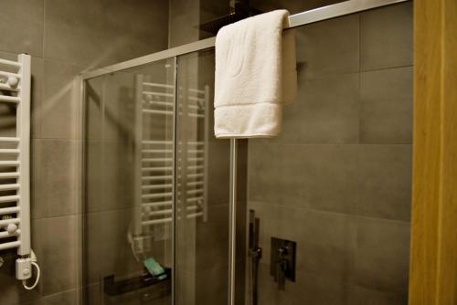 bagno con doccia e asciugamano su un palo di Nadwiślańska Apartments - Lipowa, 11km od Zator, Energylandia a Zator