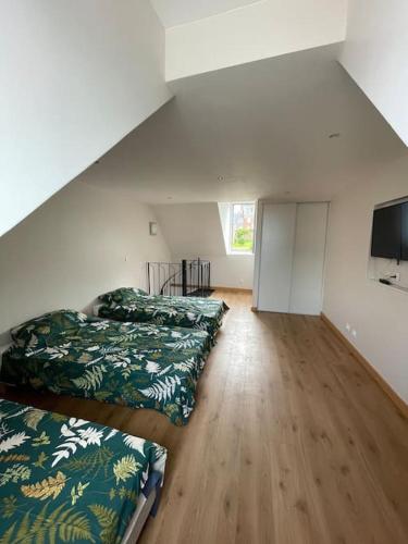 Cette chambre mansardée comprend 2 lits et une télévision. dans l'établissement Élégante Maison proche de la Mer, au Tréport