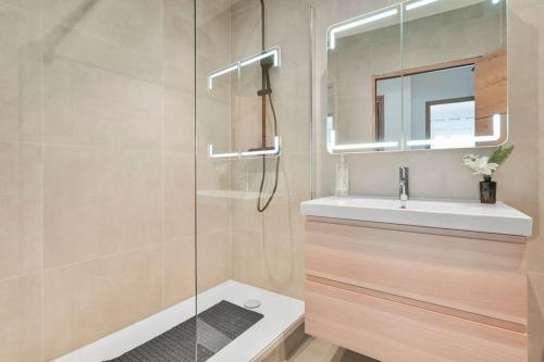 une salle de bain avec une douche, un lavabo et un miroir dans l'établissement La Maisonnette - Séjour à 8 - Wifi - Paris et Disney, à Villiers-sur-Marne