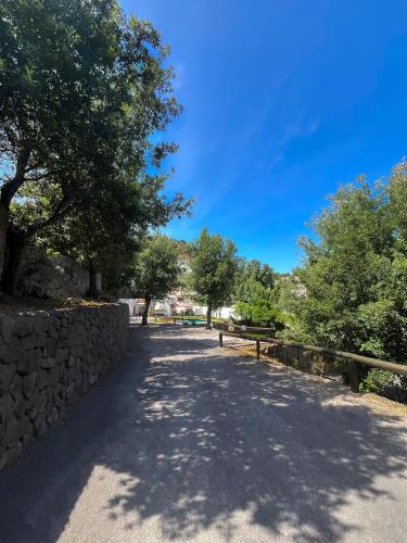 a road with a stone wall and a tree at Villa Casa Caruso in Ischia