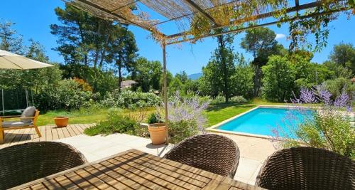 un patio avec des chaises et une piscine dans l'établissement La Bastide Provençale, à Pourrières