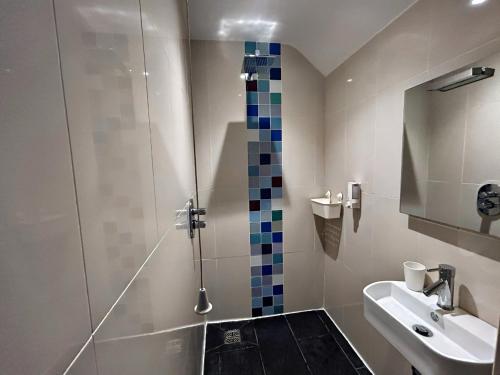 a bathroom with a shower and a sink at The Rope and Anchor Aberaeron in Aberaeron