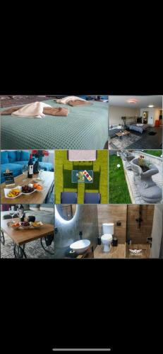 a collage of photos of a room with furniture at ElatoVillage in Elatochori