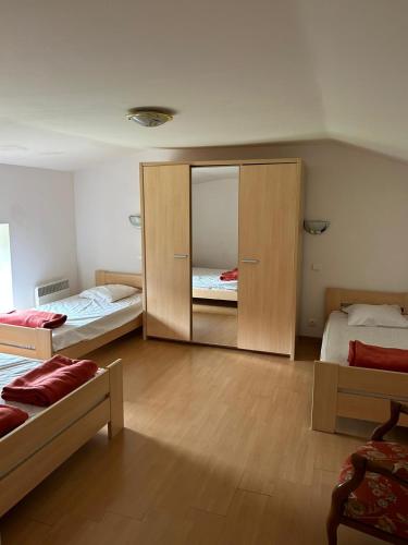 une chambre avec deux lits et un miroir dans l'établissement Gites De La Racine, à Girmont-Val-d'Ajol