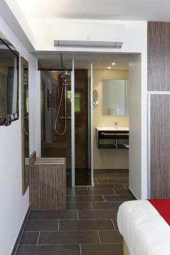 a bathroom with a shower and a sink in a room at Hotel du Lac Foix in Foix