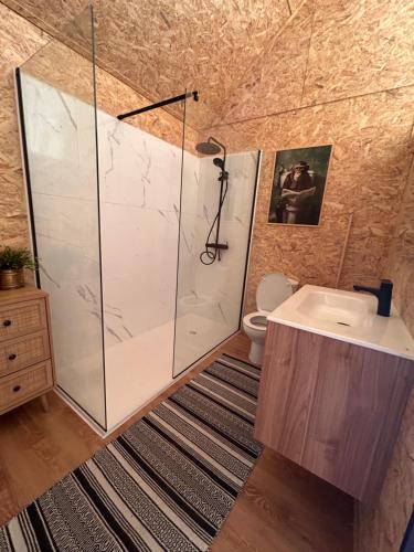a bathroom with a shower and a toilet and a sink at Monkey Tiny Barnhouse with amazing views! in Folhadosa