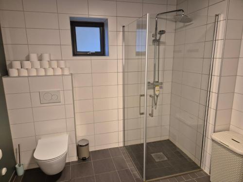 a bathroom with a shower with a toilet and a window at New and fresh apartment, free parking and ocean view in Trondheim