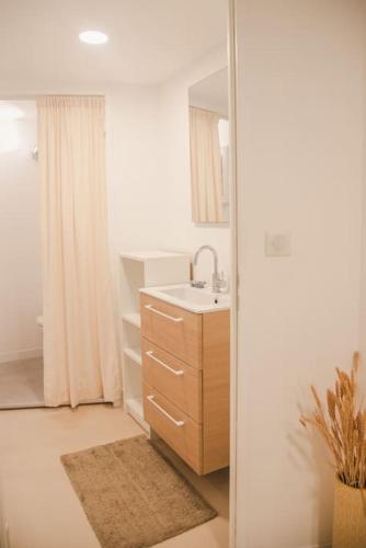 une petite salle de bain avec un lavabo et un miroir dans l'établissement Villa Nature à 10 min des plages et d'Hossegor, à Angresse