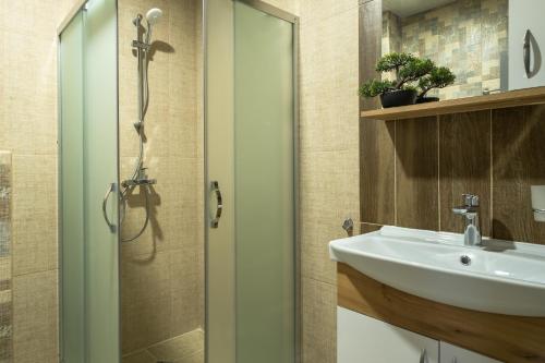 a bathroom with a sink and a shower at Villa Pino in Velingrad
