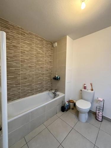 une salle de bain avec toilettes, baignoire et lavabo dans l'établissement Appartement T2 Moderne, à Saint-Priest