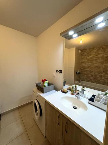 une salle de bain avec un lavabo et une machine à laver dans l'établissement Appartement T2 Moderne, à Saint-Priest
