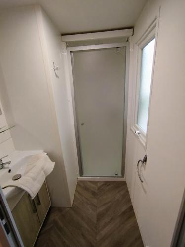 une salle de bain avec une douche, un lavabo et un miroir dans l'établissement Mobil-home, à Gastes