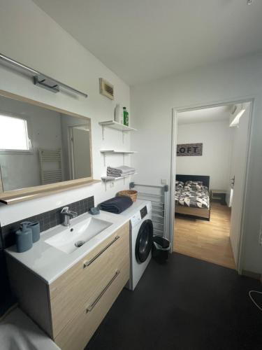 une salle de bain avec un lavabo et une machine à laver dans l'établissement Appartement Cosy + Balcon, à Vannes