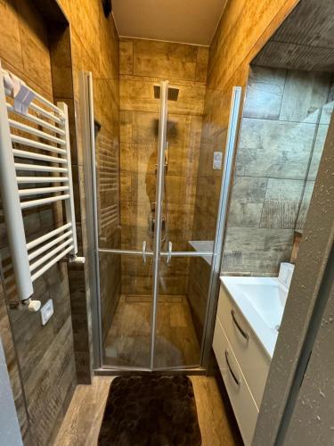 ein Badezimmer mit Dusche und Waschbecken in der Unterkunft Rachelle in Blankenberge