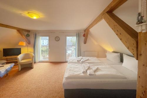 a room with a bed and a desk and a tv at Haus Antje Studio in Kölpinsee