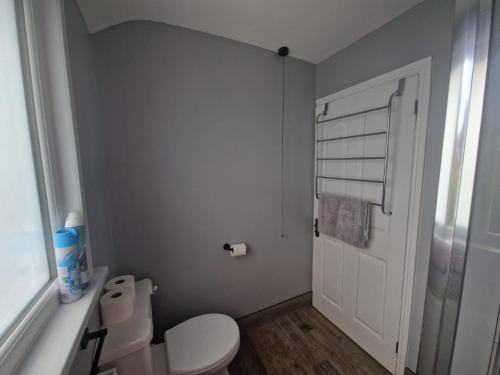 a bathroom with a white toilet and a door at Entire 3 bedroom house 5 minutes from the beach in Kent