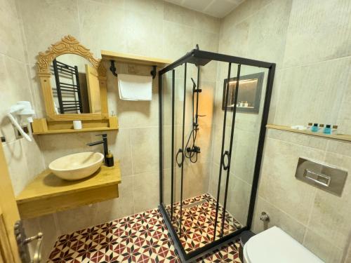 a bathroom with a shower with a toilet and a sink at İstanbul Eagle's Nest Boutique Hotel in Istanbul