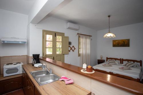 a kitchen with a sink and a bed in the background at FLOWERS STUDIOS in Skala