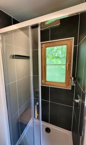 a shower with a glass door and a window at Modernes Tiny House in historischem Ambiente in Neu Kaliß