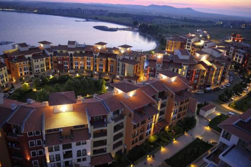 an aerial view of a city at night at Аpartments Comfort -Marina Cape in Aheloy