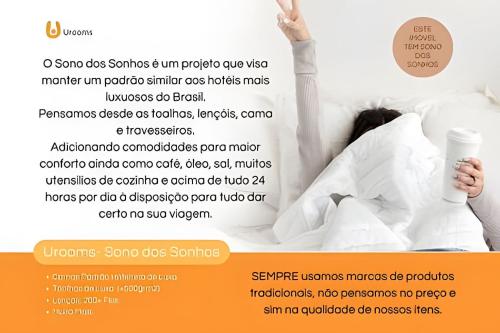 a flyer for a hotel room with a woman laying in bed with a cup at 7th Avenue - Apartamentos UROOMS in Curitiba